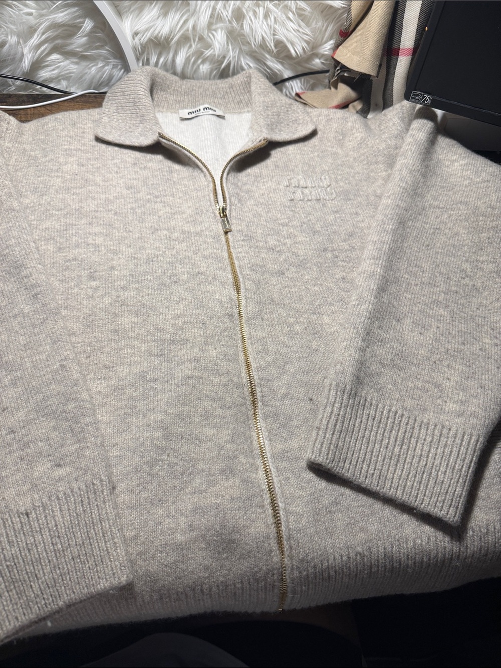 Miu Miu Cream Zip-Up Wool Blend Sweater with Gold Zipper